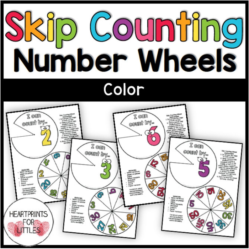 May include: Four printable number wheel templates for skip counting. Each wheel features a different number: 2, 3, 5, and 6. The wheels are designed to be cut out and used for hands-on learning.