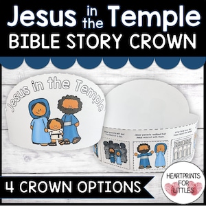 Puede incluir: Una corona de papel imprimible para niños que presenta la historia bíblica de Jesús en el Templo. La corona está hecha de papel y tiene una ilustración colorida de Jesús y sus padres. La corona también incluye texto que cuenta la historia de Jesús en el Templo.