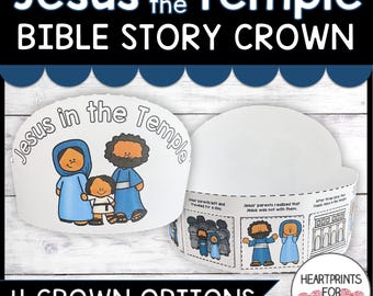 Puede incluir: Una corona de papel imprimible para niños que presenta la historia bíblica de Jesús en el Templo. La corona está hecha de papel y tiene una ilustración colorida de Jesús y sus padres. La corona también incluye texto que cuenta la historia de Jesús en el Templo.