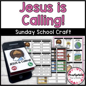 Pode incluir: Um kit de artesanato para a escola dominical com o texto "Jesus is Calling!" em rosa. O kit inclui um livreto em forma de telefone com ilustrações de Jesus e indicações para oração, além de cartões adicionais.