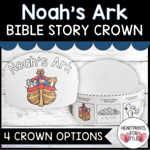 Pode incluir: Uma coroa de papel branco com o texto "Noah's Ark BIBLE STORY CROWN". A coroa apresenta uma ilustração colorida da Arca de Noé com animais. O texto "4 CROWN OPTIONS" também é visível.
