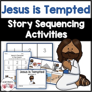 Jesus is Tempted in the Desert Bible Story Sequencing Activities for Kids, Matthew 4:1-11, Homeschool Printable, Sunday School Lesson
