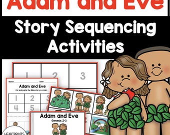May include: A printable worksheet for kids to learn about the story of Adam and Eve from the Bible. The worksheet features colorful illustrations of Adam and Eve in the Garden of Eden. The text on the worksheet says "Adam and Eve" and "Genesis 2-3".
