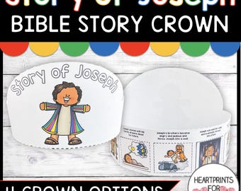 Puede incluir: Una corona artesanal imprimible para niños que presenta la historia de José de la Biblia. La corona tiene cuatro secciones con ilustraciones y texto. La corona es blanca con contornos negros y detalles coloridos. El texto en la corona dice "Story of Joseph" y "4 Crown Options".