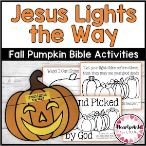 以下が含まれることがあります： 「Jesus Lights the Way」と「Fall Pumpkin Bible Activities」のテキストが入った、秋をテーマにした教育リソース。笑顔のカボチャと、カボチャのイラストと聖書の詩が描かれたアクティビティシートが特徴です。