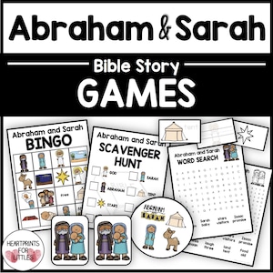Jogos de histórias bíblicas de Abraão e Sara, Bebê Isaac, Jogos bíblicos, Jogos de escola dominical, Bingo, Jogo de memória, Caça ao tesouro, Encontre, Caça-palavras
