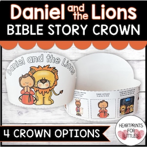 May include: A printable crown craft for children featuring the Bible story of Daniel and the Lions. The crown is made of paper and has a colourful illustration of Daniel and a lion. The crown also includes text from the Bible story.