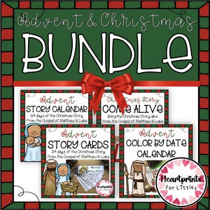 Peut inclure: Un ensemble Advent & Christmas Bundle comprenant quatre fiches d'activités éducatives avec le texte Advent Story Calendar, Christmas Story Come Alive, Advent Story Cards et Advent Color by Date Calendar, orné d'un nœud rouge.