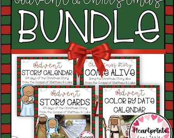 May include: An Advent & Christmas Bundle featuring four educational activity sheets with the text Advent Story Calendar, Christmas Story Come Alive, Advent Story Cards, and Advent Color by Date Calendar, decorated with a red bow.