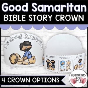 Pode incluir: Uma coroa de papel branco com o texto "Good Samaritan BIBLE STORY CROWN". A coroa apresenta ilustrações da história bíblica, incluindo um homem ajudando outro. As palavras "4 CROWN OPTIONS" também são visíveis.