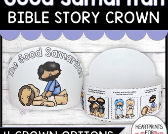 Puede incluir: Una corona de papel blanco con el texto "Good Samaritan BIBLE STORY CROWN". La corona presenta ilustraciones de la historia bíblica, incluyendo a un hombre ayudando a otro. También son visibles las palabras "4 CROWN OPTIONS".