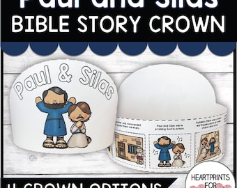 May include: White paper crown with the text "Paul and Silas BIBLE STORY CROWN". The crown features illustrations of Paul and Silas, along with related Bible story scenes. The text "4 CROWN OPTIONS" is also visible.
