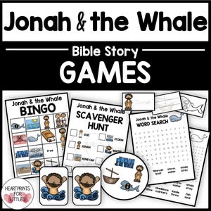 Jonas et la baleine, jeux bibliques, jeux bibliques, jeux d'école du dimanche, bingo, jeux de cartes mémoire, chasse au trésor, recherche de mots