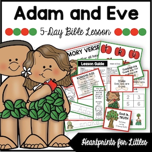 Puede incluir: Un recurso educativo colorido titulado "Lección bíblica de 5 días de Adán y Eva". La imagen presenta ilustraciones de dibujos animados de Adán y Eva, junto con guías de lecciones, versículos de memoria y tarjetas didácticas con temas de manzanas.