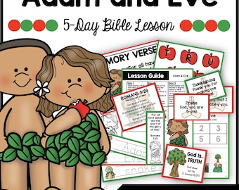 May include: A colorful educational resource titled "Adam and Eve 5-Day Bible Lesson." The image features cartoon illustrations of Adam and Eve, along with lesson guides, memory verses, and apple-themed flashcards. The text includes "Heartprints for Littles."