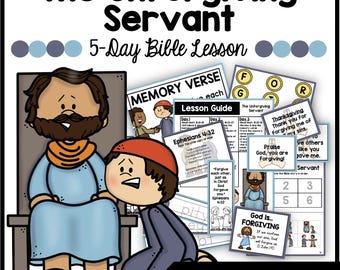 May include: A 5-day Bible lesson plan for children about the Parable of the Unforgiving Servant. The lesson includes a memory verse, lesson guide, and activities. The image features colourful illustrations of the story and characters.