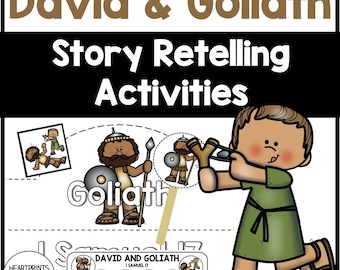 May include: A printable activity sheet for children featuring the story of David and Goliath. The sheet includes a picture of Goliath, a picture of David with his slingshot, and a blank space for children to write or draw their own retelling of the story. The text "David & Goliath Story Retelling Activities" is at the top of the sheet.