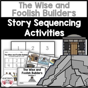 May include: A black and white printable worksheet for kids to learn about the Bible story of the Wise and Foolish Builders. The worksheet includes a title, a blank grid, and six images to cut and paste in order.