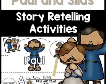 May include: A colorful educational graphic with the text "Paul and Silas Story Retelling Activities." The image features cartoon illustrations of Paul and Silas, along with related images and the text "Acts 16."