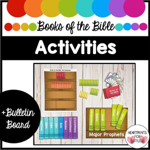 May include: A colorful printable set of Bible activities for kids. The set includes a bulletin board, a chart of the books of the Old Testament, and a set of cards with the books of the Bible. The set also includes a set of book-shaped cards with the names of the books of the Bible.