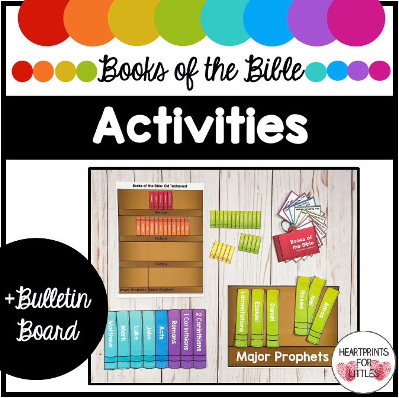 May include: A colorful printable set of Bible activities for kids. The set includes a bulletin board, a chart of the books of the Old Testament, and a set of cards with the books of the Bible. The set also includes a set of book-shaped cards with the names of the books of the Bible.