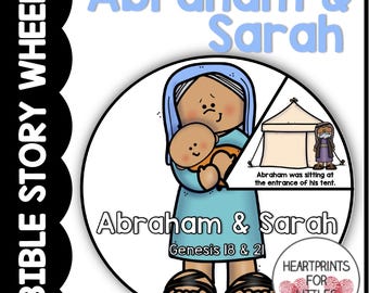 May include: A colorful illustration of Abraham and Sarah from the Bible story. The image shows Abraham sitting at the entrance of his tent, while Sarah holds a baby in her arms. The text "Abraham & Sarah" is written in large letters at the bottom of the image, along with the Bible verses "Genesis 18 & 21".