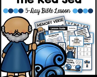 May include: A 5-day Bible lesson plan for children about the story of the Red Sea. The lesson includes a memory verse, lesson guide, and activities. The image features a cartoon illustration of Moses parting the Red Sea.