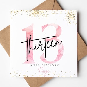 Carte de 13e anniversaire rose et or, carte de joyeux 13e anniversaire à fille, cadeaux de 13e anniversaire pour elle, cadeau carte personnalisé minimal