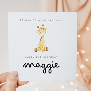 Joyeux 2e anniversaire à notre fille bien-aimée, deuxième carte d'anniversaire pour fille des parents Jolie carte de voeux girafe cadeau personnalisé souvenir
