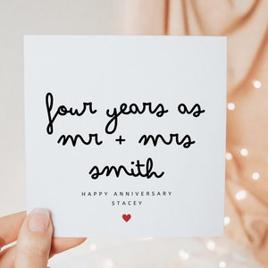 Tarjeta personalizada de 4.º aniversario para esposo y esposa, tarjeta de aniversario de bodas para el Sr. y la Sra., 4.º aniversario de casados, para él y para ella.