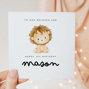 Joyeux 1er anniversaire à notre fils bien-aimé, carte de premier anniversaire pour garçon des parents, jolie carte de voeux safari avec lion, cadeau souvenir personnalisé