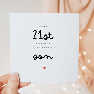 Tarjeta de feliz cumpleaños número 21 para un hijo increíble, regalos de cumpleaños número 21 para su hijo de parte de sus padres, linda tarjeta de regalo personalizada minimalista.