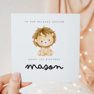 Feliz 1º aniversário para nosso amado afilhado, Cartão de primeiro aniversário para menino dos padrinhos, Cartão de felicitações com um leão fofo, Lembrança de presente personalizada