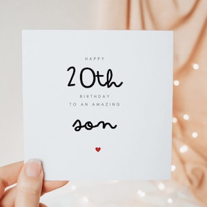 Cartão de feliz aniversário de 20 anos para um filho incrível, presentes de vigésimo aniversário para o filho dos pais, cartão de presente personalizado minimalista e fofo