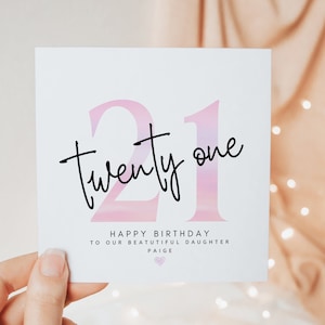 Rosa glückliche 21. Geburtstagskarte für unsere schöne Tochter, einundzwanzigste Geburtstagsgeschenke für sie, minimales personalisiertes Kartengeschenk