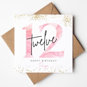 Roze en gouden 12e verjaardagskaart, gelukkige 12e verjaardagskaart voor dochter, twaalfde verjaardagscadeaus voor haar, minimaal gepersonaliseerd kaartcadeau