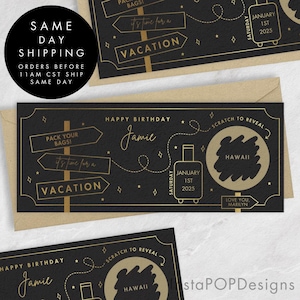 Bon de réduction personnalisé avec carte d'embarquement à gratter, feuille noire et dorée, joyeux anniversaire révélant des vacances surprises, faux pass avion