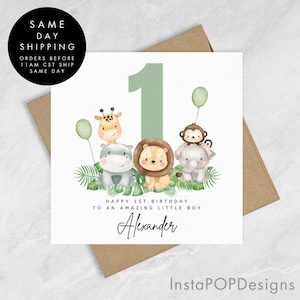 Buon 1° compleanno a un bambino meraviglioso, biglietto d&#39;auguri verde con il primo animale del safari per bambino, biglietto d&#39;auguri carino, regalo personalizzato
