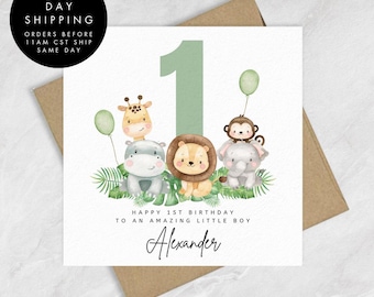 Happy 1st Birthday To An Amazing Little Boy, First Safari Animal Green Birthday Card For Boy, Cute Greeting Card, Personalized Gift