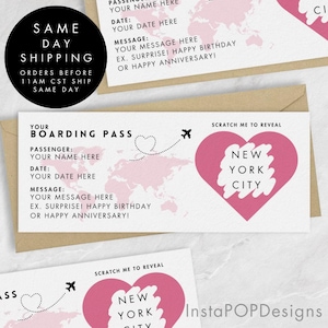 Carta d'imbarco personalizzata rosa da grattare, gratta e scopri per una vacanza a sorpresa, biglietto di destinazione a forma di cuore rosa, regalo per le vacanze, carta falsa