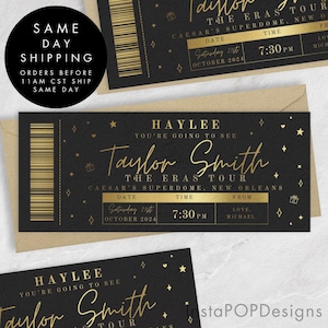 Vale de regalo personalizado para entradas de conciertos con lámina dorada, entradas sorpresa para giras de conciertos, regalo de entradas doradas para conciertos personalizables falsas