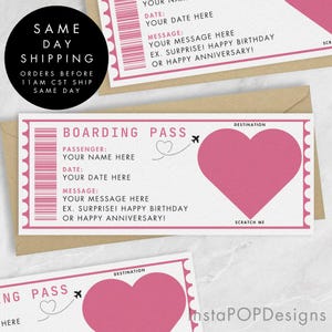 Bon de réduction personnalisé pour une carte d'embarquement à gratter rose, cadeau de vacances surprise pour les vacances, faux billet d'avion, cadeau de vacances