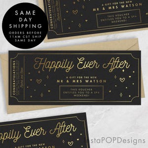 Personalisierte Happily Ever After Ticket Gutschein Schwarz und Goldfolie, Jungvermählten Geschenk Gutschein, Hochzeitsgeschenk Überraschungskarte