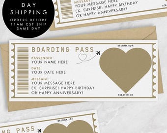 Personalized Scratch Boarding Pass Ticket Voucher Gold, Scratch Reveal Surprise Vacation Holiday, Fake Airplane Ticket Pass, Holiday Gift