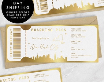 Personalized Boarding Pass Ticket Voucher Gold Foil, Surprise Vacation Holiday, Fake Airplane Ticket Pass, Custom City Foiled Golden Ticket