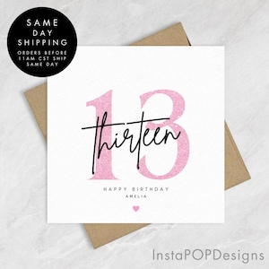 Carte de 13e anniversaire à paillettes roses, carte de joyeux 13e anniversaire à fille, cadeaux de 13e anniversaire pour elle, cadeau carte personnalisé minimal