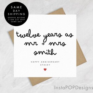 Personalized 12th Anniversary Card For Husband Wife, Mr And Mrs Wedding Anniversary Card, Twelve Years Married Anniversary, For Him For Her