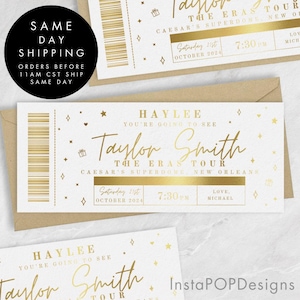 Vale de regalo personalizado para entradas de conciertos con lámina dorada, entradas sorpresa para giras de conciertos, regalo de entradas doradas para conciertos personalizables falsas