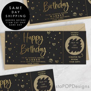 Carte d'anniversaire à gratter en feuille noire et dorée, chèque-cadeau personnalisé, chèque-cadeau personnalisé, cadeau d'anniversaire à gratter