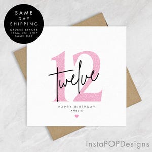 Carte de 12e anniversaire à paillettes roses, carte de joyeux 12e anniversaire à fille, cadeaux de douzième anniversaire pour elle, cadeau carte personnalisé minimal